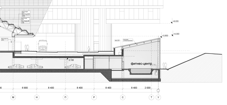 Продольный разрез. Фрагмент. Здание финтнес-центра. Штаб-квартира Объединенной авиастроительной компании
© ТПО «Резерв» zooming