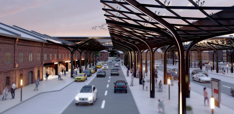 Архитектурно-градостроительный облик терминала высокоскоростной железнодорожной магистрали. ВСЖМ-1. Архитектурно-градостроительные решения. Западная сторона
© Первый проектный институт / предоставлено пресс-службой КГА zooming