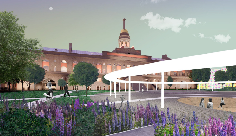 Проект ревитализации Главного корпуса Ижевского завода. «Заводской» сад, вид из сада на круглую площадь
© Студия 44 zooming