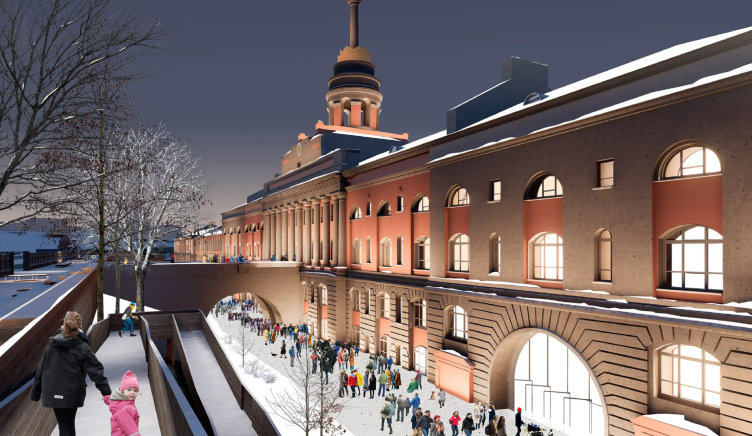 Проект ревитализации Главного корпуса Ижевского завода. Вид с «эспланады» на здание центрального корпуса
© Студия 44 zooming