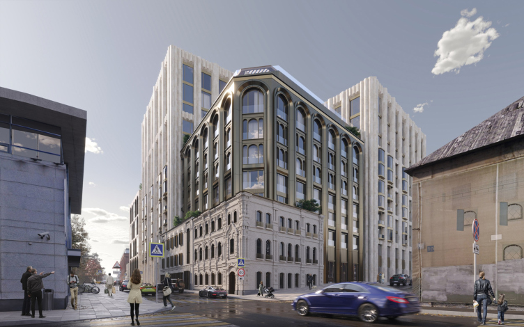 The housing complex on Leo Tolstoy Street. The section with the protected facade of the Tryndin House
Copyright: © ASADOV Architects zooming