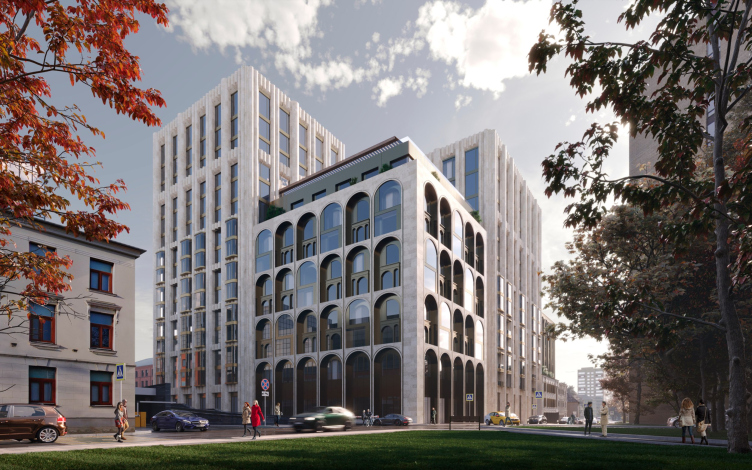 The housing complex on Leo Tolstoy Street. View of the crossing with Pugovishnikov Street
Copyright: © ASADOV Architects zooming