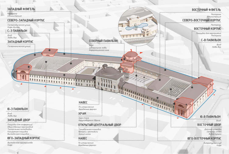 The project of restoring the Horse Guards Department building. Axonometry
Copyright: © Studio 44 zooming