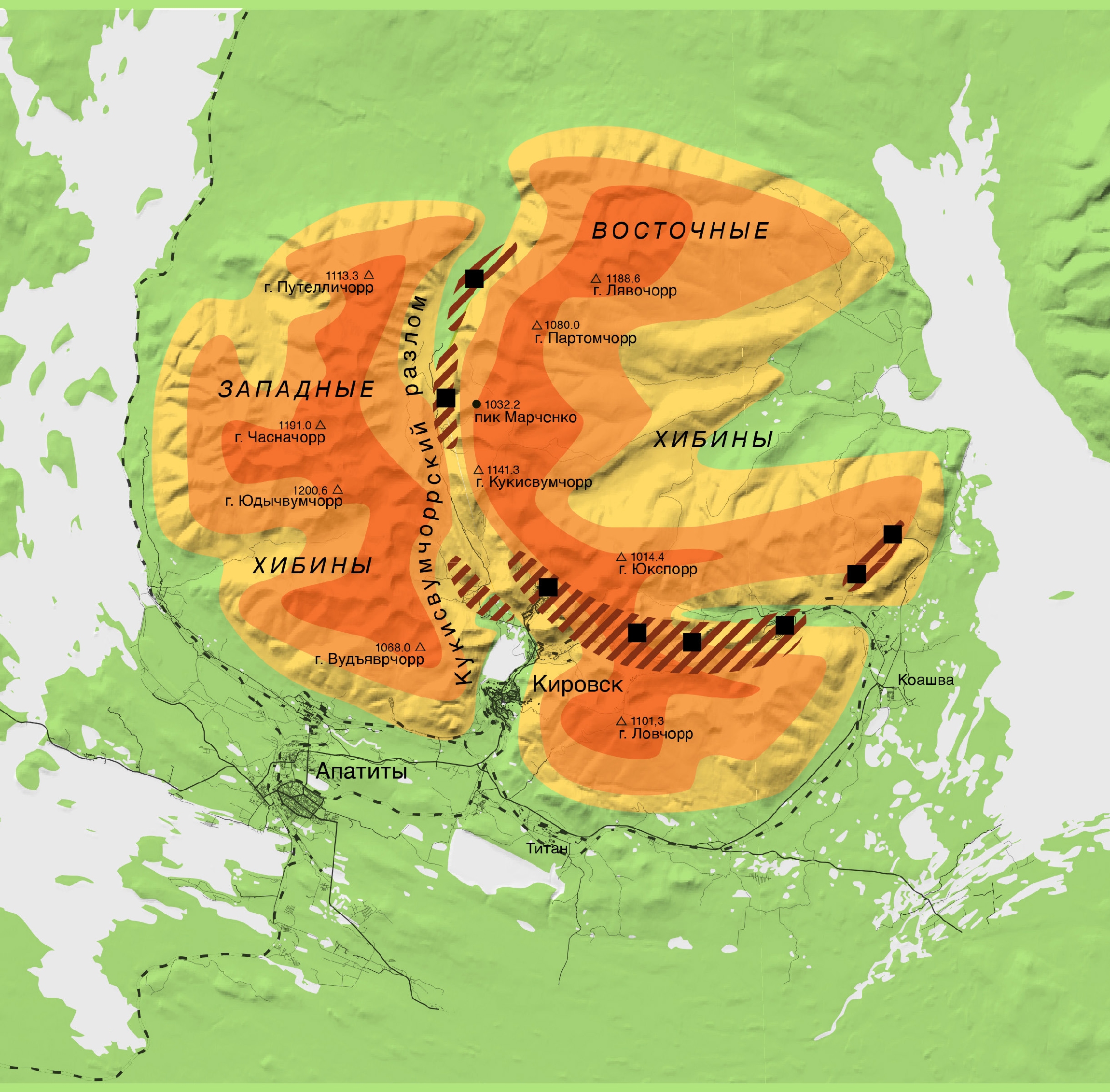 Схема хибин. Карта Хибин туристическая. Хибинский массив разрез. Карта Хибины 500 метров. Хибинский массив карта.