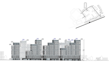 “Details” housing complex. (Stages 2, 3). Depiction of facades on Kharlampiev Street Copyright: © Ostozhenka Architects