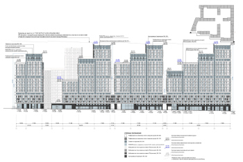 “Details” housing complex. (Stages 2, 3). Facade in axes 2.1 – 21.7 Copyright: © Ostozhenka Architects