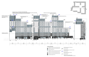 “Details” housing complex. (Stages 2, 3). Facade in axes 21.7 – 3.1 Copyright: © Ostozhenka Architects