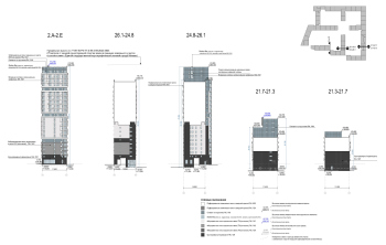 “Details” housing complex. (Stages 2, 3). Facade in axes 2.A – 2.Е; 26.1- 24.8; 24.8 – 26.1; 21.7 – 21.3; 21.3 – 21.7 Copyright: © Ostozhenka Architects