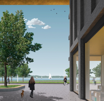 The architectural concept for the integrated development of the embankment of the Rowing Canal in Nizhny Novgorod. The riverside boulevard viewed from the yard Copyright: © Studio 44