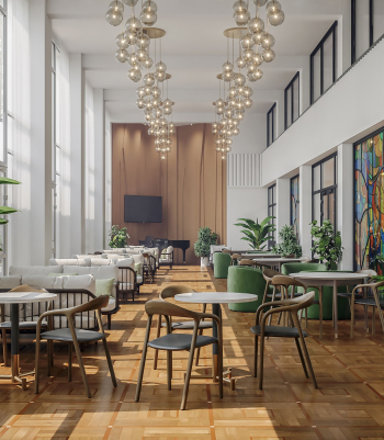 Реставрации фасадов и создание интерьеров для оздоровительного комплекса «Сосны». Главный корпус. Кафе © archCLOUD