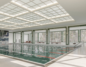 Реставрации фасадов и создание интерьеров для оздоровительного комплекса «Сосны». Корпус с бассейном. Бассейн © archCLOUD