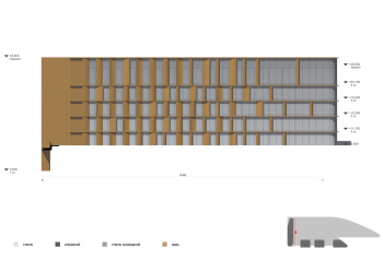 Схема южного фасада офиса. «Дом Спорта», Дружинниковская, 18; проект 2025 © Сергей Скуратов architects / Capital Group