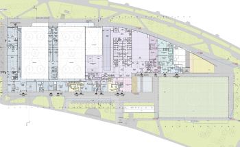 План 1 этажа. Многофункциональный спортивно-развлекательный комплекс с ледовым комплексом, гостиницей и ФОК на Дружинниковской улице, второй вариант 2025 года © Сергей Скуратов Architects