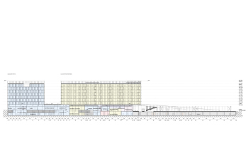 Разрез 2-2. Многофункциональный спортивно-развлекательный комплекс с ледовым комплексом, гостиницей и ФОК на Дружинниковской улице, второй вариант 2025 года © Сергей Скуратов Architects