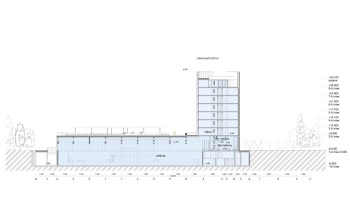 Разрез 3-3. Многофункциональный спортивно-развлекательный комплекс с ледовым комплексом, гостиницей и ФОК на Дружинниковской улице, второй вариант 2025 года © Сергей Скуратов Architects