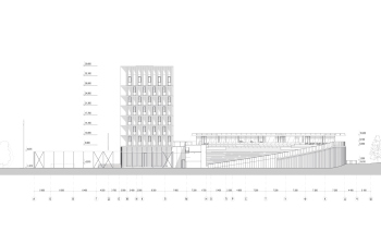 Южный фасад. Рочдельская ул. Многофункциональный спортивно-развлекательный комплекс с ледовым комплексом, гостиницей и ФОК на Дружинниковской улице, второй вариант 2025 года © Сергей Скуратов Architects