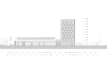 Северный фасад. Ул. Заморенова. Многофункциональный спортивно-развлекательный комплекс с ледовым комплексом, гостиницей и ФОК на Дружинниковской улице, второй вариант 2025 года © Сергей Скуратов Architects