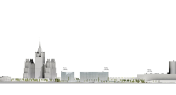 Развертка по Дружинниковской улице. Многофункциональный спортивно-развлекательный комплекс с ледовым комплексом, гостиницей и ФОК на Дружинниковской улице, второй вариант 2025 года © Сергей Скуратов Architects