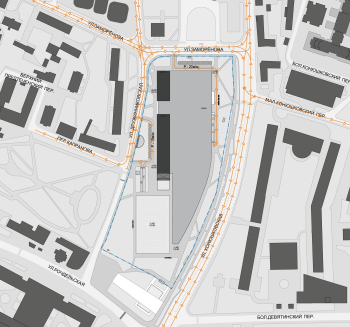 Схема движения автотранспорта. Многофункциональный спортивно-развлекательный комплекс с ледовым комплексом, гостиницей и ФОК на Дружинниковской улице, второй вариант 2025 года © Сергей Скуратов Architects