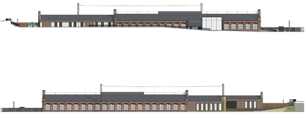 Concept for overhauling the former railroad car depot. Facades 1,2 Copyright:  + Architects