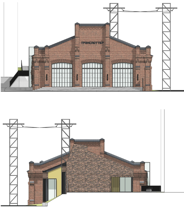 Concept for overhauling the former railroad car depot. Facades 3,4 Copyright:  + Architects