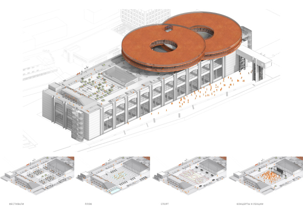 Concept of the public and office campus on the roof of Production Facility B on the territory of “Sevkabel Port”. Axonometry Copyright:  DNK ag