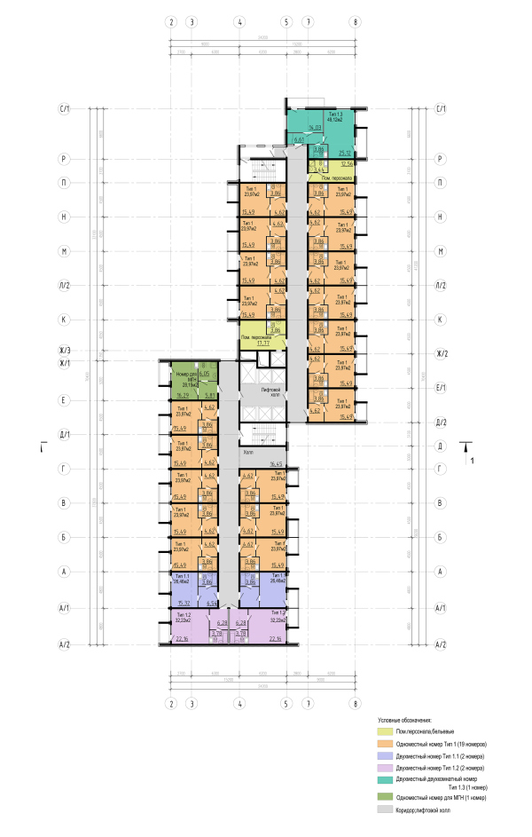 3-star mixed-use hotel complex. Plan of the standard floor Copyright:  ​Anatoly Stolyarchuk Architectural Studio