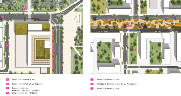 The concept of architectural and town planning development of the city of Yuzhno-Sakhalinsk. Fragments of the landscaping project: the Fame Square and the Ankudinov Avenue Copyright: Ostozhenka Bureau