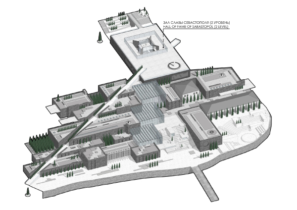 Axonometric plan at elevation 20.00. The museum and educational complex and the Museum of Fame of Sevastopol Copyright: © Studio 44