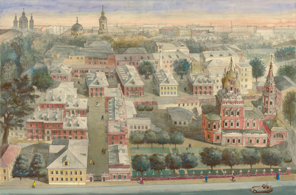 Moscow. Kadashevskaya Township, XXI century. The residential complex “Metsenat” in Kadashi Copyright: Watercolor painting by Maria Utkina