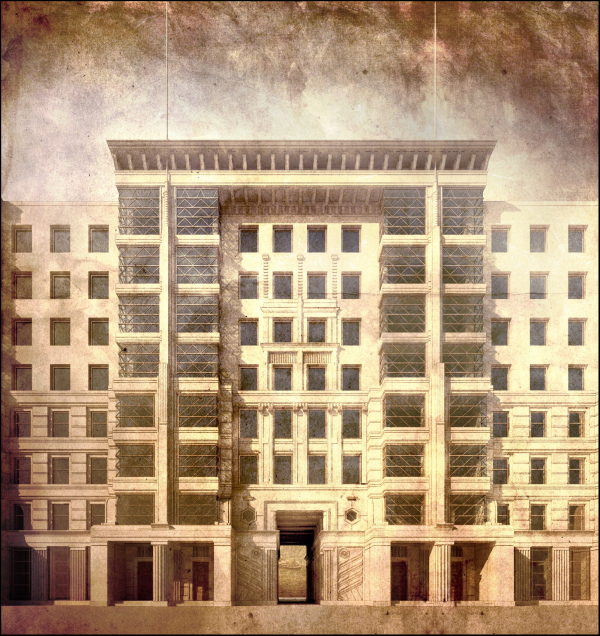 The concept of the facade solutuions of the residential building within the framework of the project developed by the Atayatnts studio “Opalikha 03”. 2014. Computer graphics. Copyright:  Lipghart Architects