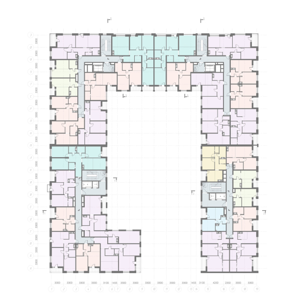 Plan of the 6th floor. Facade 2. Housing project on the Dvinskaya Street Copyright:  Architectural Bureau A-Len