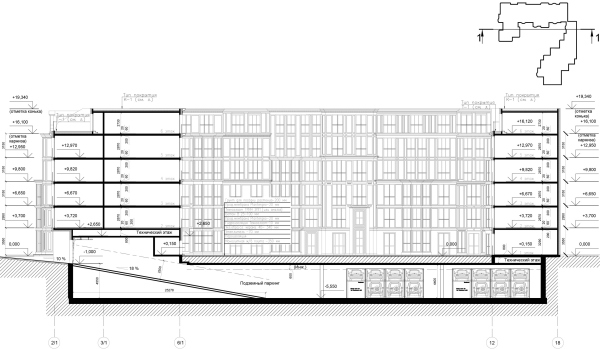 The section view of the resdidential section. “Amo” residential complex Copyright:  Liphart Architects