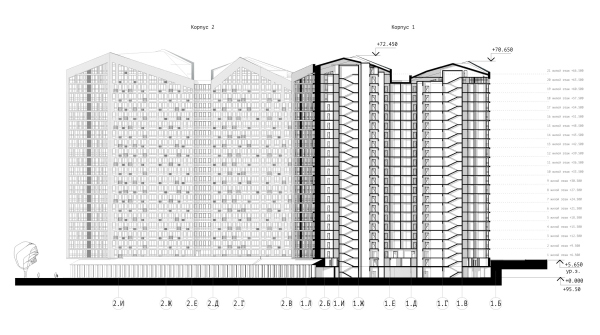 Section view 2-2 of the buildings 1 and 2. “Zurbagan” housing complex. Concept of territory development in Voronezh, 2018-2020 Copyright:  Architectural Bureau KPLN