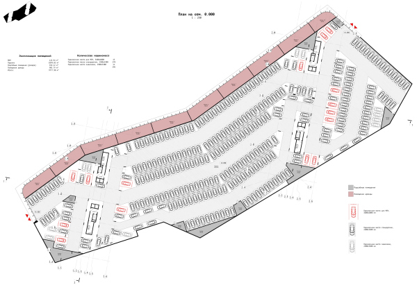 Plan of the parking garage at elevation 0.000. “Zurbagan” housing complex. Concept of territory development in Voronezh, 2018-2020 Copyright:  Architectural Bureau KPLN