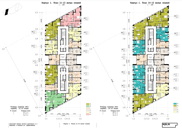 Building 1. Plans of resindetial floors 11-13 and 14-15. “Zurbagan” housing complex. Concept of territory development in Voronezh, 2018-2020 Copyright:  Architectural Bureau KPLN