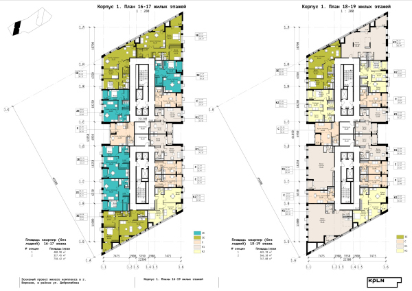 Building 1. Plans of resindetial floors 16-17 and 18-19. “Zurbagan” housing complex. Concept of territory development in Voronezh, 2018-2020 Copyright:  Architectural Bureau KPLN