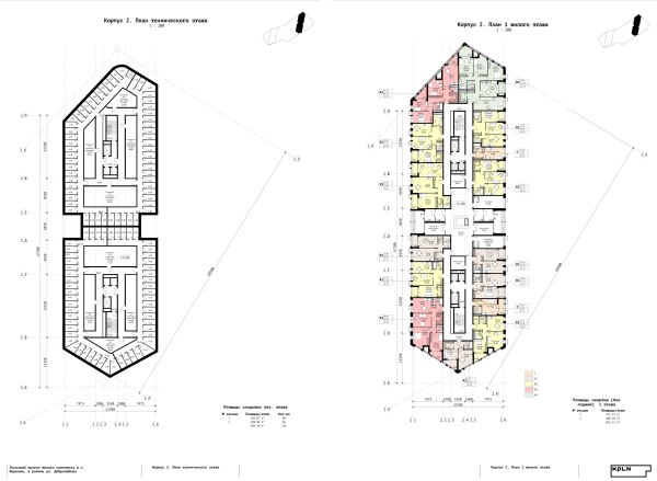 Building 2. Plan of the maintenance floor and the 1st residential floor. “Zurbagan” housing complex. Concept of territory development in Voronezh, 2018-2020 Copyright:  Architectural Bureau KPLN