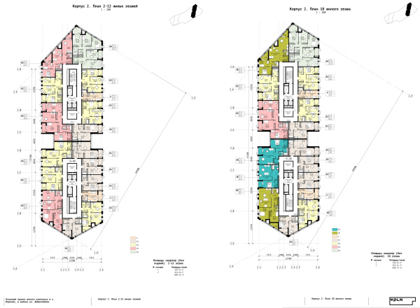 Building 2. Plans of resindetial floors 2-12 and 18. “Zurbagan” housing complex. Concept of territory development in Voronezh, 2018-2020 Copyright:  Architectural Bureau KPLN
