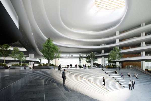The main atrium. View of the amphitheater from the bar. Concept of developing the territory of the Okhta Cape. Copyright: © Sergey Skuratov ARCHITECTS
