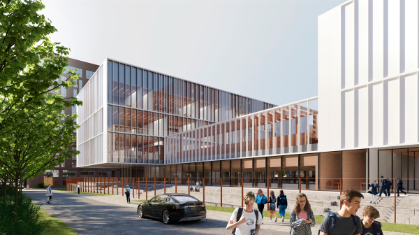 View from the side of the 1st Shibaevsky Drive. The main school entrance. The “Novy Vzglyad” school as part of “Garden Quarters”, 2020 Copyright:  Sergey Skuratov ARCHITECTS