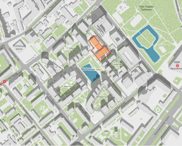The simplified location plan of “Garden Quarters”. The “Novy Vzglyad” school as part of “Garden Quarters”, 2020 Copyright:  Sergey Skuratov ARCHITECTS