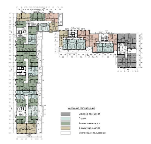 Секции 1-5. План 2 этажа на отм. +3.600
Секция 6. План 2 этажа на отм. +1.650. ЖК Облака © Мезонпроект