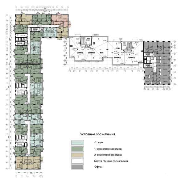 Sections 1-3. Plan of the 15th-17th floors at elevations +40.650; +43.500; +46.350. Sections 4-5. Plan of the roof at elevation +41.122. Section 6. Plan of the 8th-17th floors at elevations +21.600  47.250. “Oblaka” housing complex Copyright:  Mezonproekt