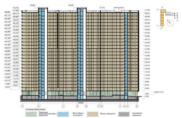 Section view 1-1. “Oblaka” housing complex Copyright:  Mezonproekt