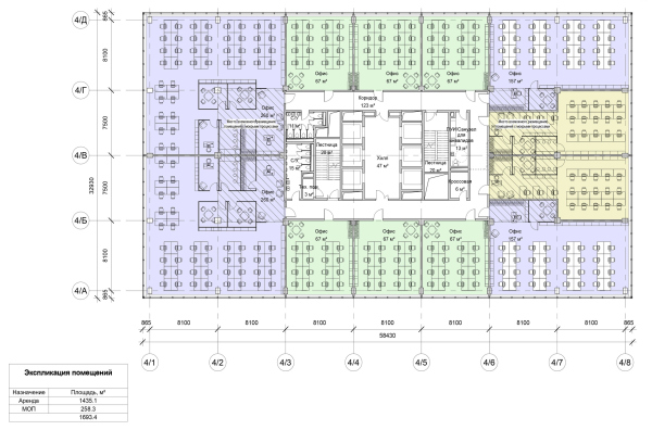 Ostankino Business Park. Layout of the standard floor of Buildings 1-4 (3rd and 4th floors) Copyright:  UNK Group