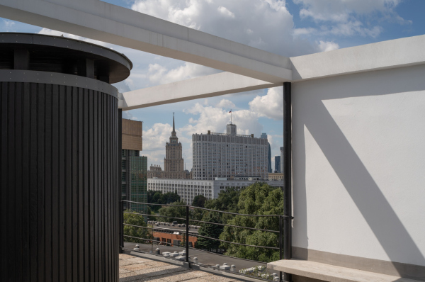 A fragment of the restored ventilation sgaft on the operated roof. Restoration and adaptaion of the the cultural heritage site “Narkomfin Building” (2017-2020)  Copyright: Photograph  Yuri Palmin / provided by Ginzburg Architects