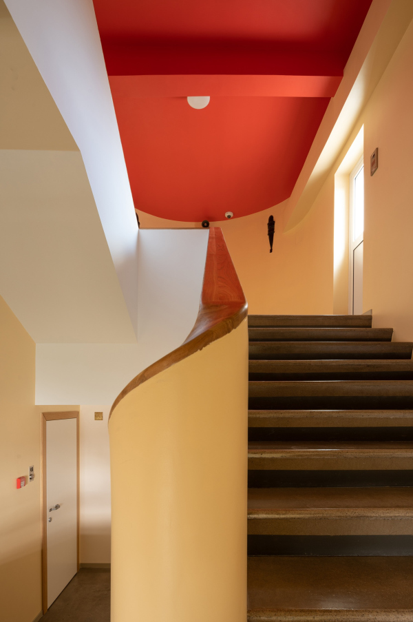 The recreated color solution of the staircases. Restoration and adaptaion of the the cultural heritage site “Narkomfin Building” (2017-2020) Copyright: Photograph  Yuri Palmin / provided by Ginzburg Architects
