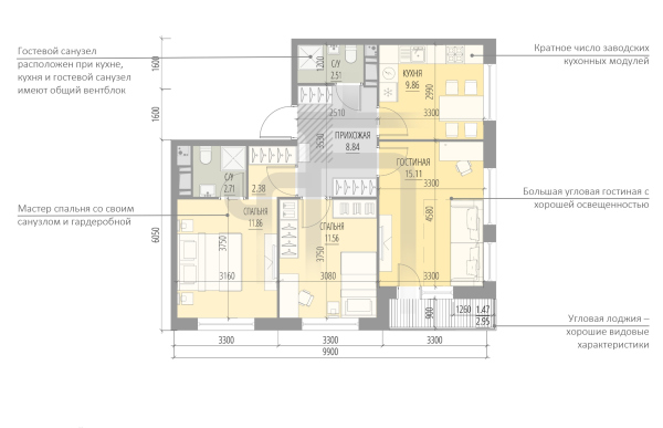 Class “STANDARD”, 3K, S=66.31 square meters Copyright:  “Perfect Apartments” A-Len