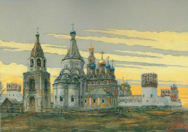 The Church of the Beheading of John the Baptist with the northern Nikolsky side-altar and bell tower, against the background of the Novodevichy Convent. Estimated appearance of the XVII  XVIII centuries from the side of the altar. Graphic reconstruction  Copyright:  Vyacheslav Ryabov